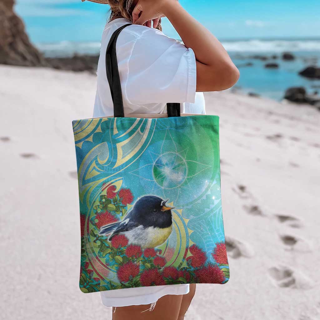 New Zealand Tomtit Tote Bag Maori Koru With Pohutukawa Galaxy Style - Polynesian Pride