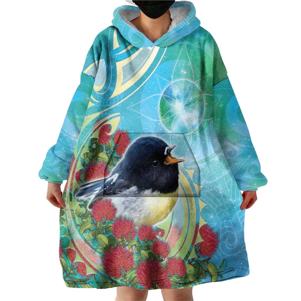 New Zealand Tomtit Wearable Blanket Hoodie Maori Koru With Pohutukawa Galaxy Style - Polynesian Pride