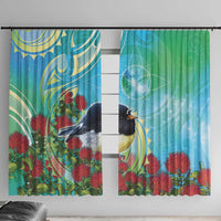 New Zealand Tomtit Window Curtain Maori Koru With Pohutukawa Galaxy Style - Polynesian Pride