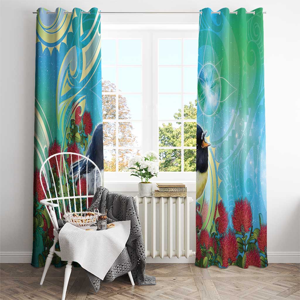 New Zealand Tomtit Window Curtain Maori Koru With Pohutukawa Galaxy Style - Polynesian Pride