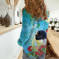 New Zealand Tomtit Women Casual Shirt Maori Koru With Pohutukawa Galaxy Style - Polynesian Pride