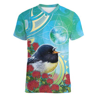 New Zealand Tomtit Women V-Neck T-Shirt Maori Koru With Pohutukawa Galaxy Style - Polynesian Pride