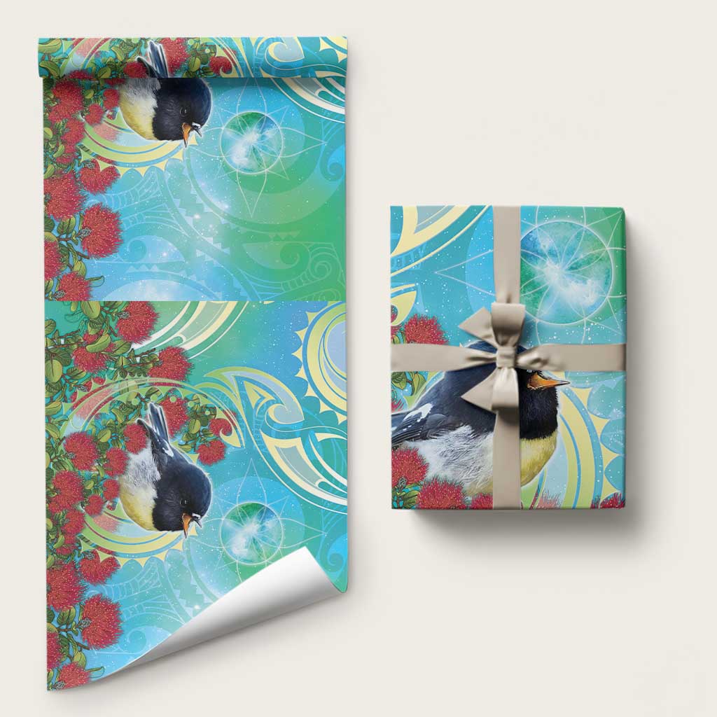 New Zealand Tomtit Wrapping Paper Maori Koru With Pohutukawa Galaxy Style LT05 58" × 23" Aqua - Polynesian Pride