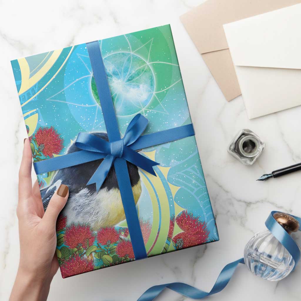 New Zealand Tomtit Wrapping Paper Maori Koru With Pohutukawa Galaxy Style LT05 - Polynesian Pride