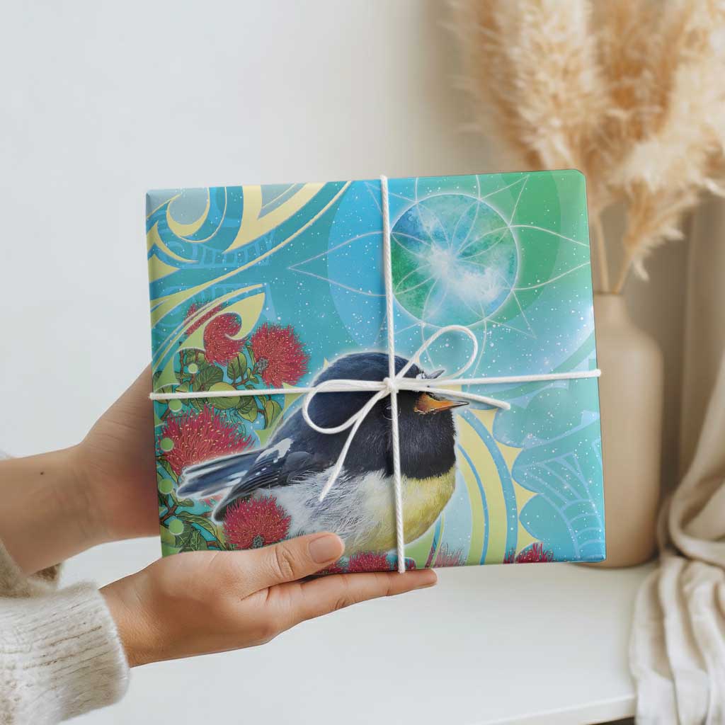 New Zealand Tomtit Wrapping Paper Maori Koru With Pohutukawa Galaxy Style LT05 - Polynesian Pride