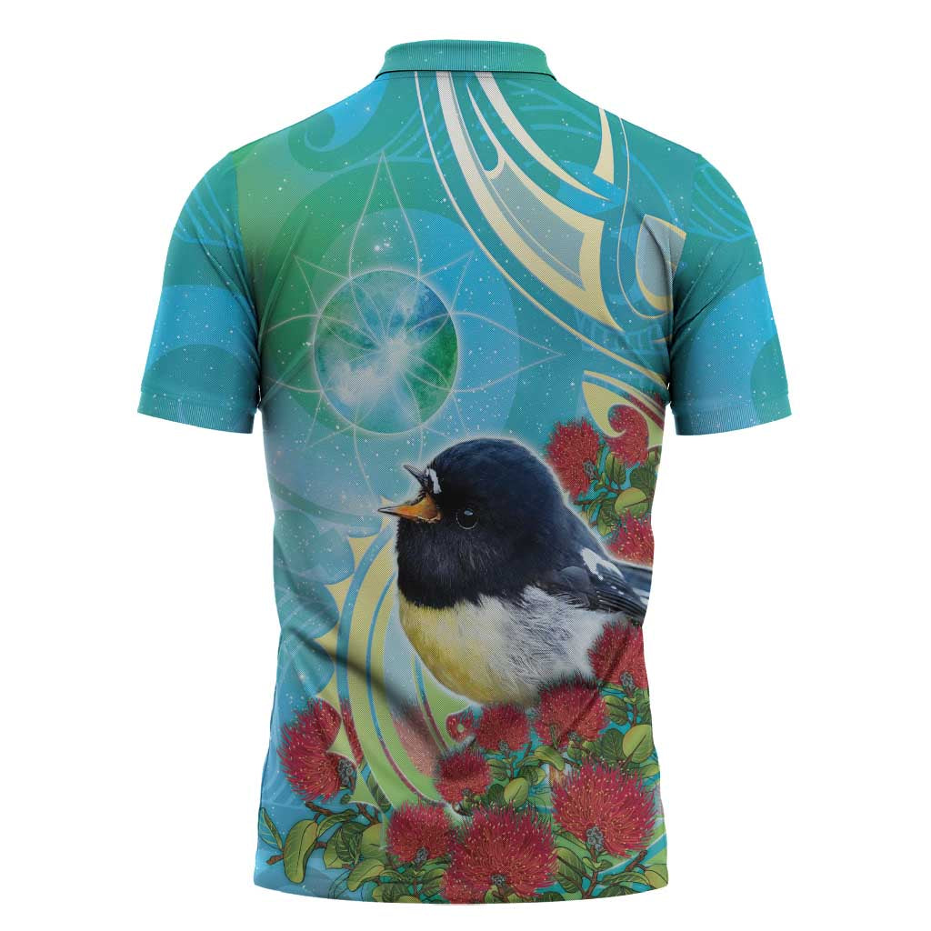 New Zealand Tomtit Zipper Polo Shirt Maori Koru With Pohutukawa Galaxy Style - Polynesian Pride