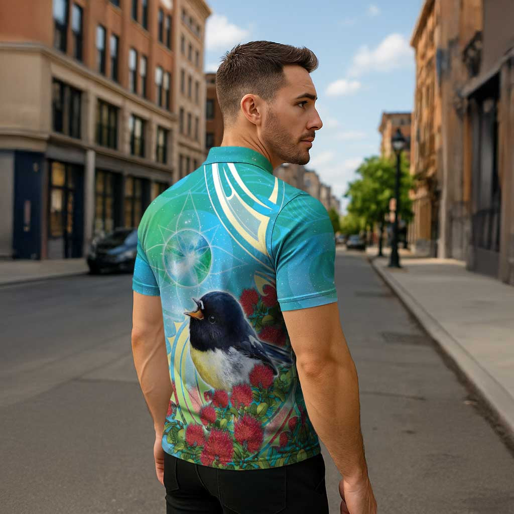 New Zealand Tomtit Zipper Polo Shirt Maori Koru With Pohutukawa Galaxy Style - Polynesian Pride