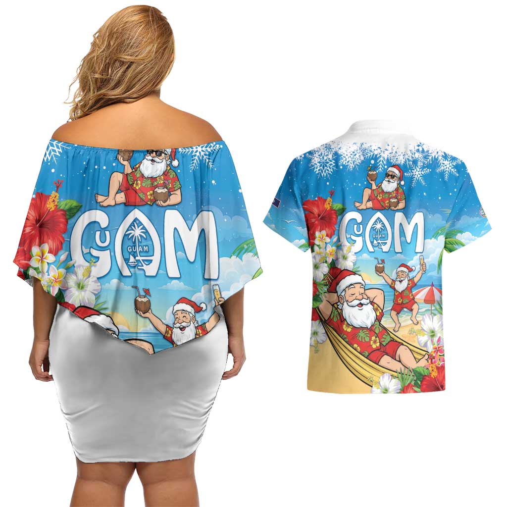 Guam Christmas Couples Matching Off Shoulder Short Dress and Hawaiian Shirt Felis Pasgua Chilling Santa - Polynesian Pride