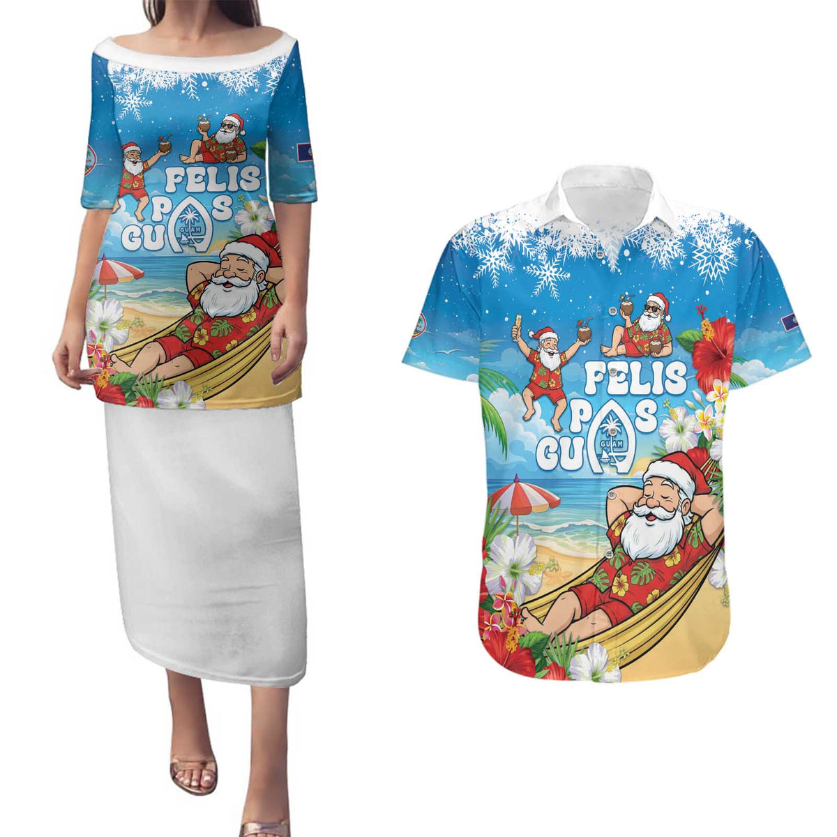 Guam Christmas Couples Matching Puletasi and Hawaiian Shirt Felis Pasgua Chilling Santa - Polynesian Pride