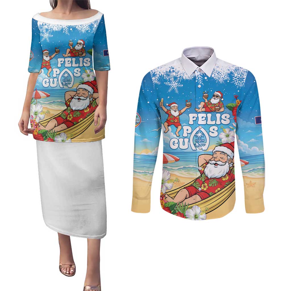 Guam Christmas Couples Matching Puletasi and Long Sleeve Button Shirt Felis Pasgua Chilling Santa - Polynesian Pride