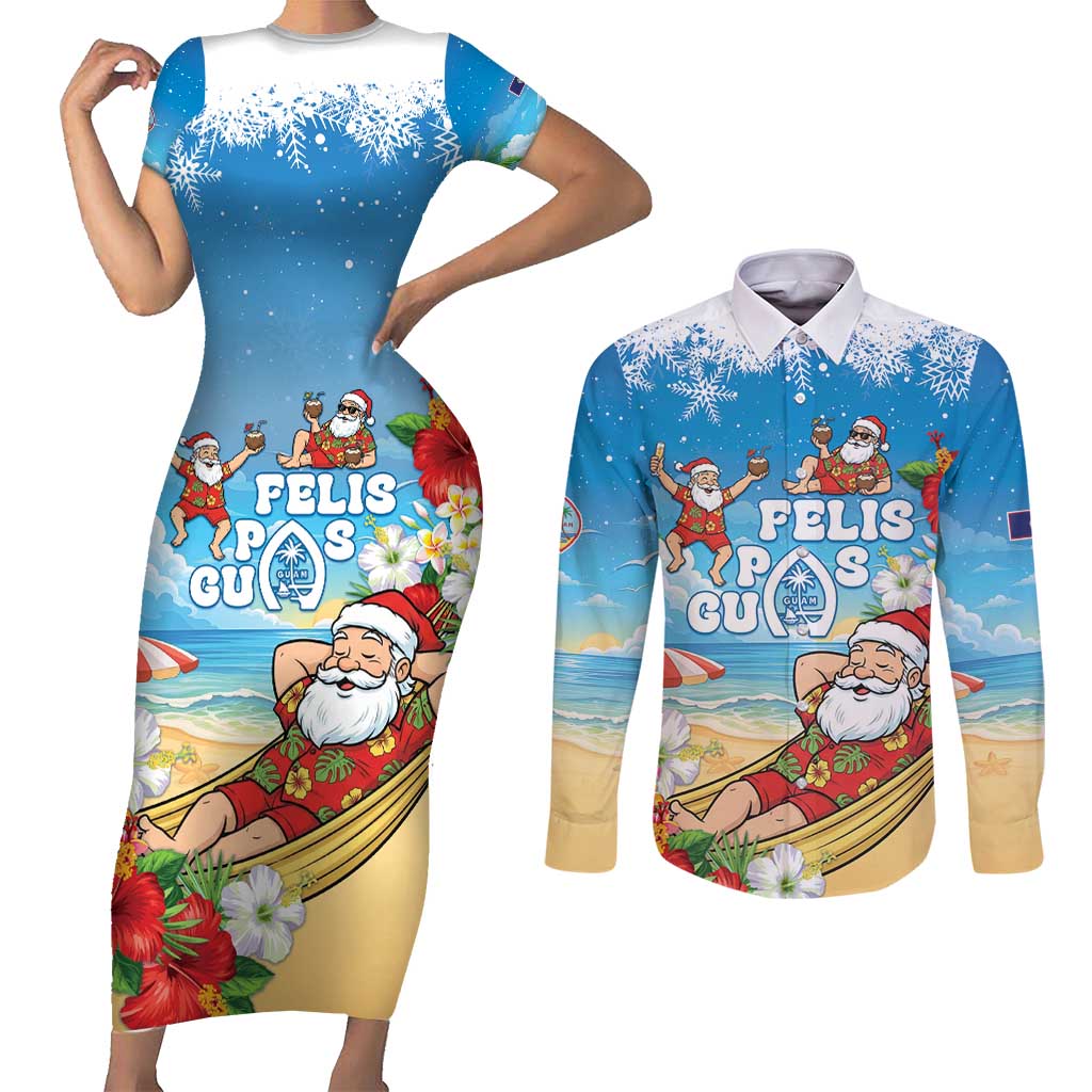 Guam Christmas Couples Matching Short Sleeve Bodycon Dress and Long Sleeve Button Shirt Felis Pasgua Chilling Santa - Polynesian Pride