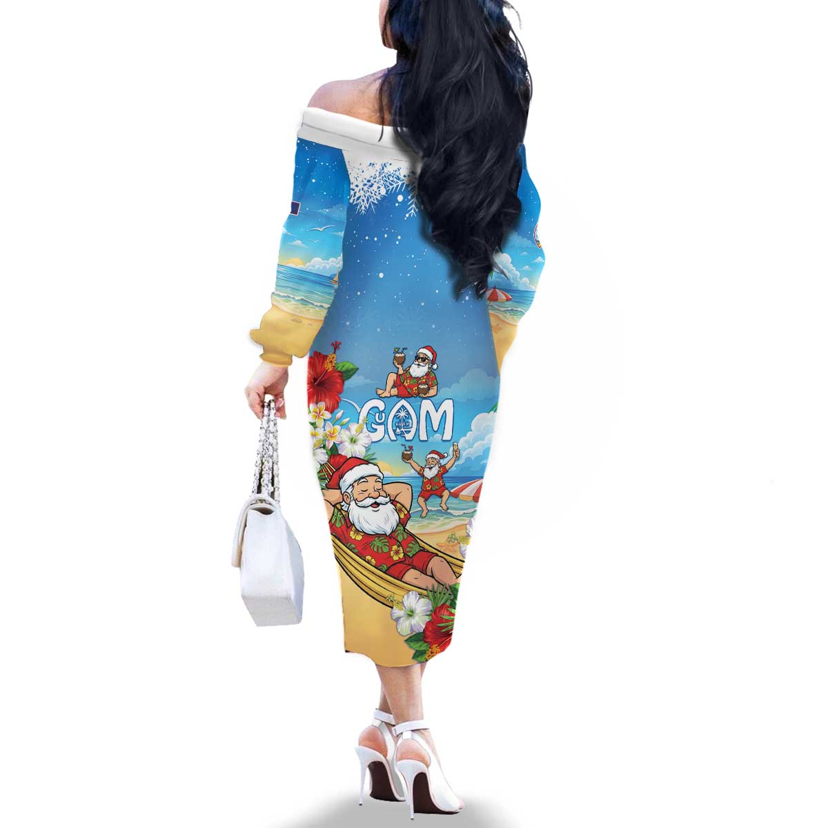 Guam Christmas Family Matching Off The Shoulder Long Sleeve Dress and Hawaiian Shirt Felis Pasgua Chilling Santa - Polynesian Pride