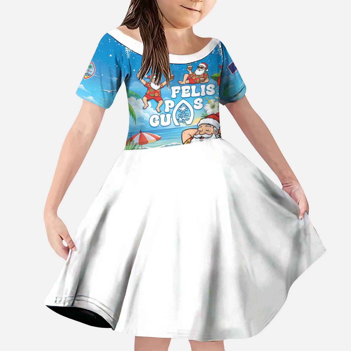 Guam Christmas Kid Short Sleeve Dress Felis Pasgua Chilling Santa LT05 KID Blue - Polynesian Pride