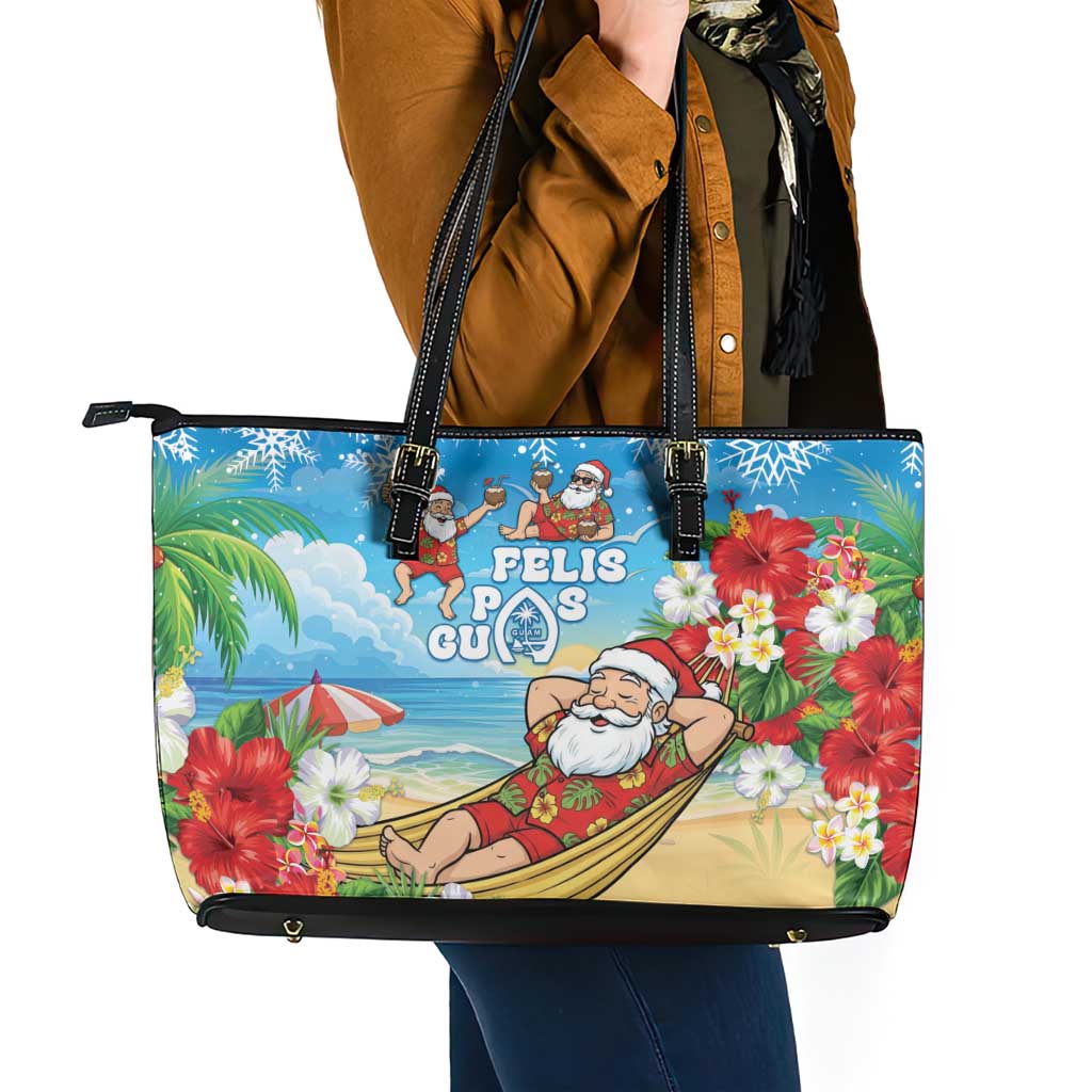 Guam Christmas Leather Tote Bag Felis Pasgua Chilling Santa - Polynesian Pride
