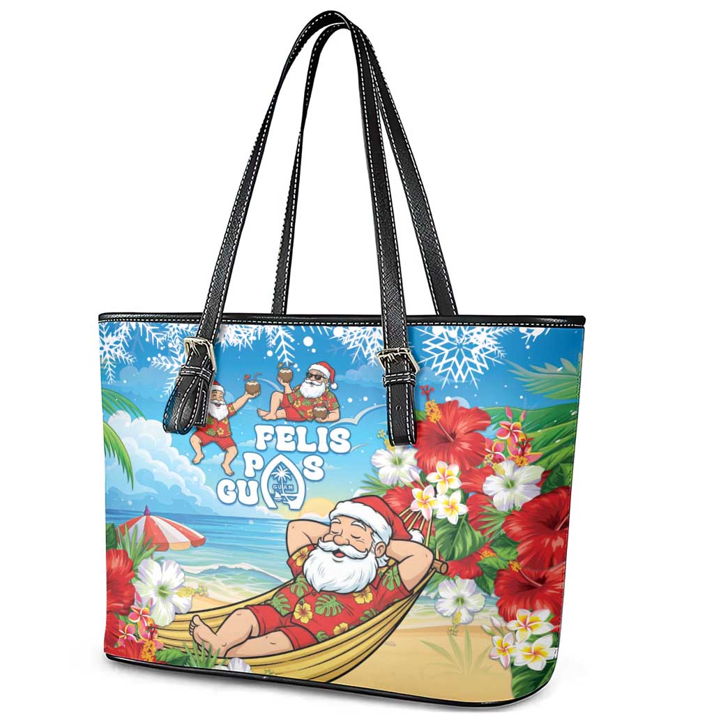 Guam Christmas Leather Tote Bag Felis Pasgua Chilling Santa - Polynesian Pride