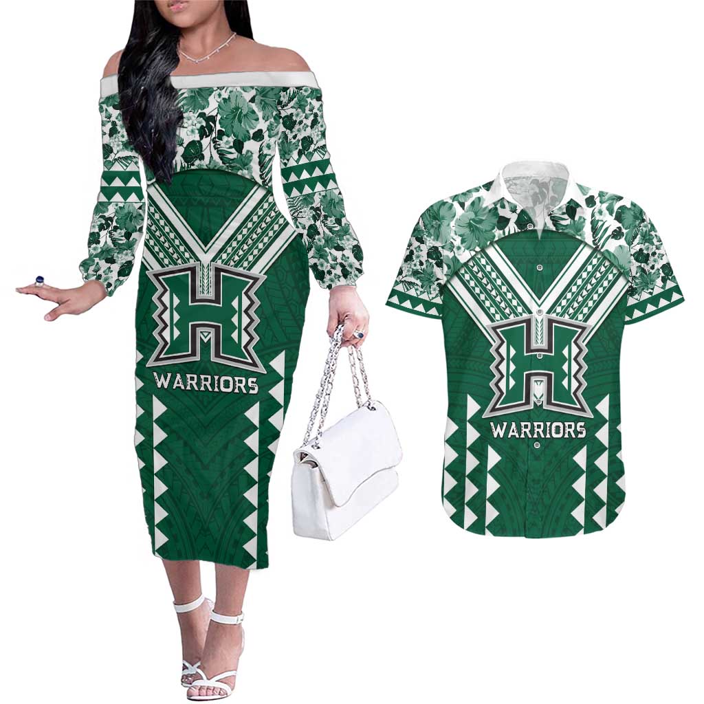 Custom Hawaii Football Couples Matching Off The Shoulder Long Sleeve Dress and Hawaiian Shirt Rainbow Warriors Tropical Vibes - Polynesian Pride