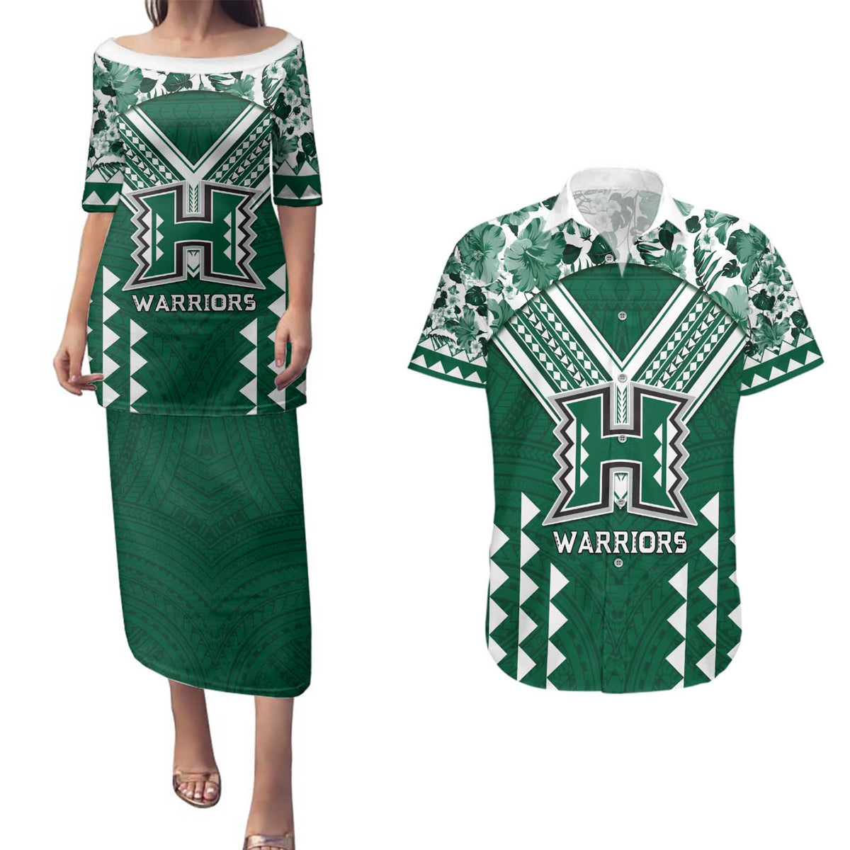 Custom Hawaii Football Couples Matching Puletasi and Hawaiian Shirt Rainbow Warriors Tropical Vibes - Polynesian Pride