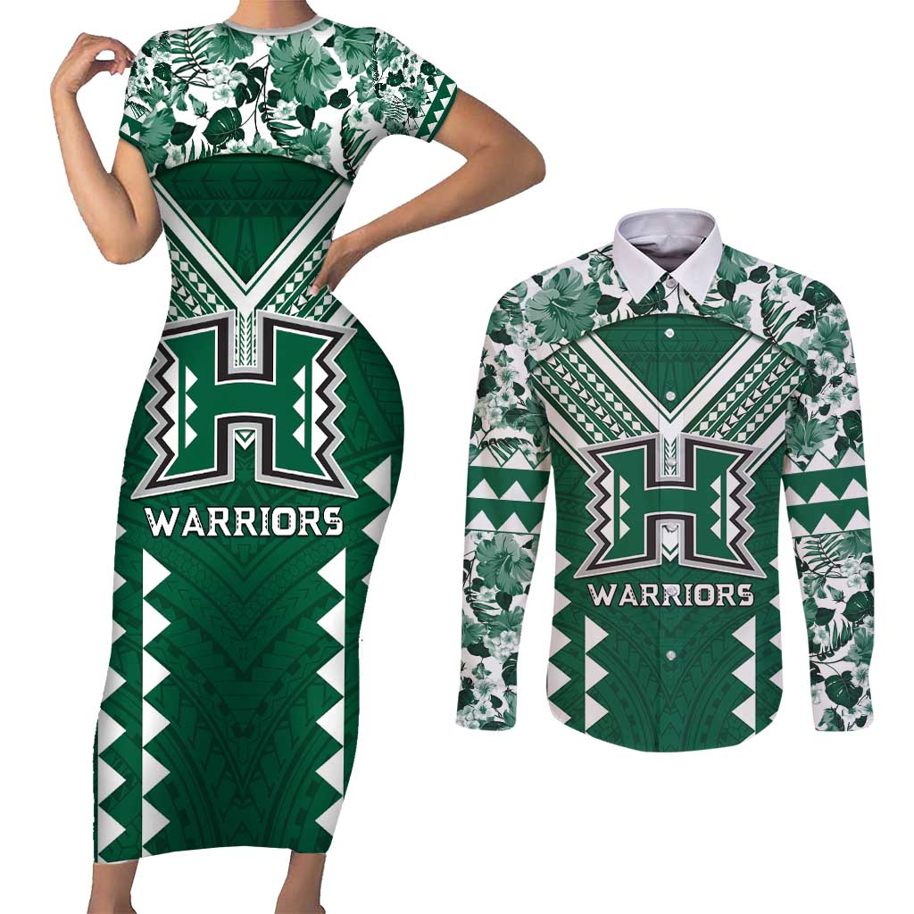 Custom Hawaii Football Couples Matching Short Sleeve Bodycon Dress and Long Sleeve Button Shirt Rainbow Warriors Tropical Vibes - Polynesian Pride
