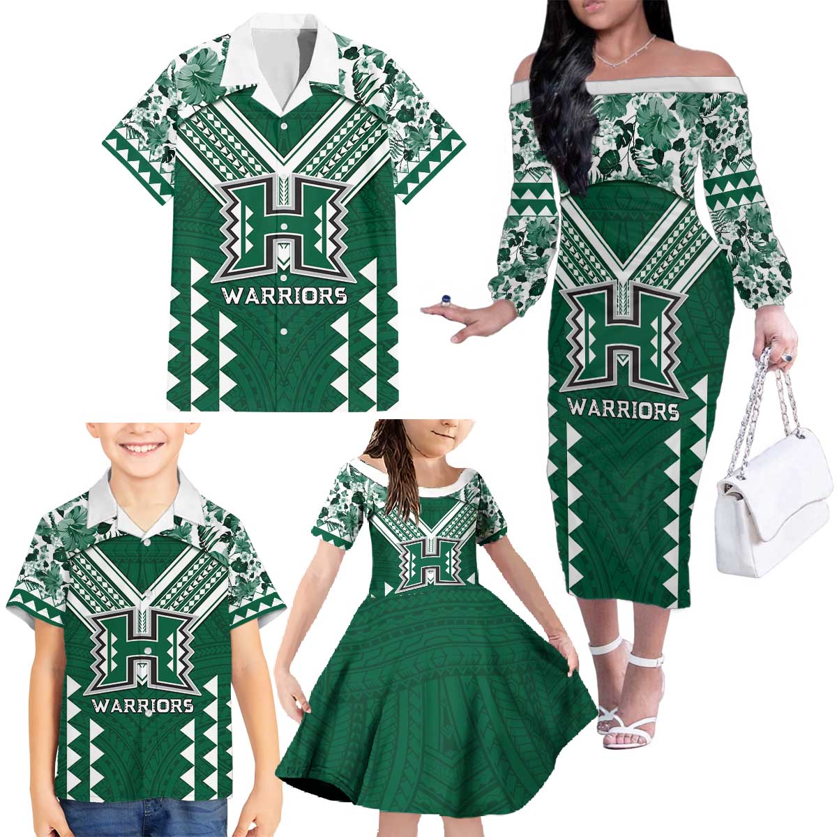 Custom Hawaii Football Family Matching Off The Shoulder Long Sleeve Dress and Hawaiian Shirt Rainbow Warriors Tropical Vibes - Polynesian Pride