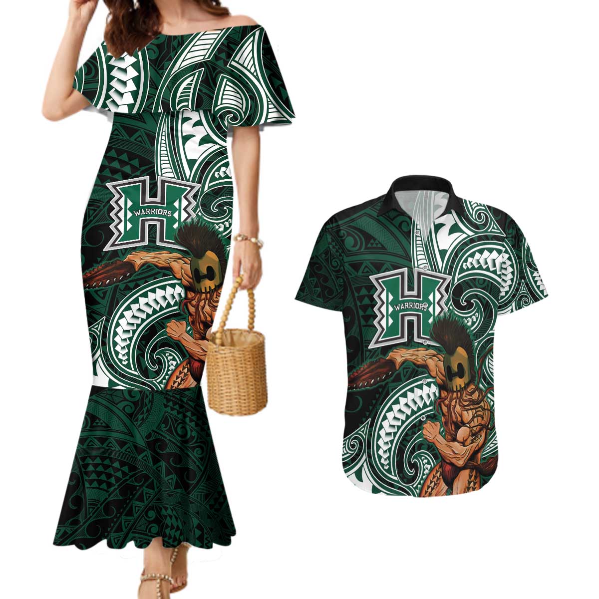 Hawaii Ikaika Warrior Football Couples Matching Mermaid Dress and Hawaiian Shirt Polynesian Tribal Tattoo - Polynesian Pride