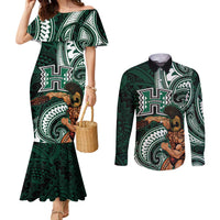 Hawaii Ikaika Warrior Football Couples Matching Mermaid Dress and Long Sleeve Button Shirt Polynesian Tribal Tattoo - Polynesian Pride