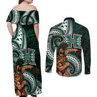 Hawaii Ikaika Warrior Football Couples Matching Off Shoulder Maxi Dress and Long Sleeve Button Shirt Polynesian Tribal Tattoo - Polynesian Pride