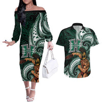 Hawaii Ikaika Warrior Football Couples Matching Off The Shoulder Long Sleeve Dress and Hawaiian Shirt Polynesian Tribal Tattoo - Polynesian Pride