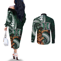 Hawaii Ikaika Warrior Football Couples Matching Off The Shoulder Long Sleeve Dress and Long Sleeve Button Shirt Polynesian Tribal Tattoo - Polynesian Pride