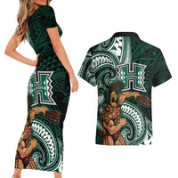 Hawaii Ikaika Warrior Football Couples Matching Short Sleeve Bodycon Dress and Hawaiian Shirt Polynesian Tribal Tattoo - Polynesian Pride