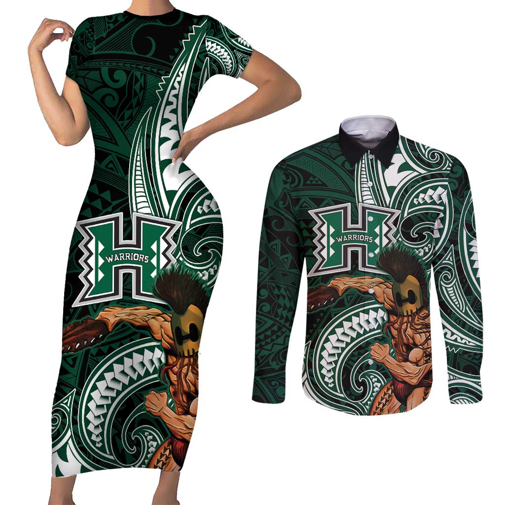 Hawaii Ikaika Warrior Football Couples Matching Short Sleeve Bodycon Dress and Long Sleeve Button Shirt Polynesian Tribal Tattoo - Polynesian Pride