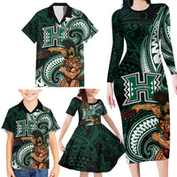Hawaii Ikaika Warrior Football Family Matching Long Sleeve Bodycon Dress and Hawaiian Shirt Polynesian Tribal Tattoo - Polynesian Pride