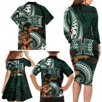 Hawaii Ikaika Warrior Football Family Matching Long Sleeve Bodycon Dress and Hawaiian Shirt Polynesian Tribal Tattoo - Polynesian Pride