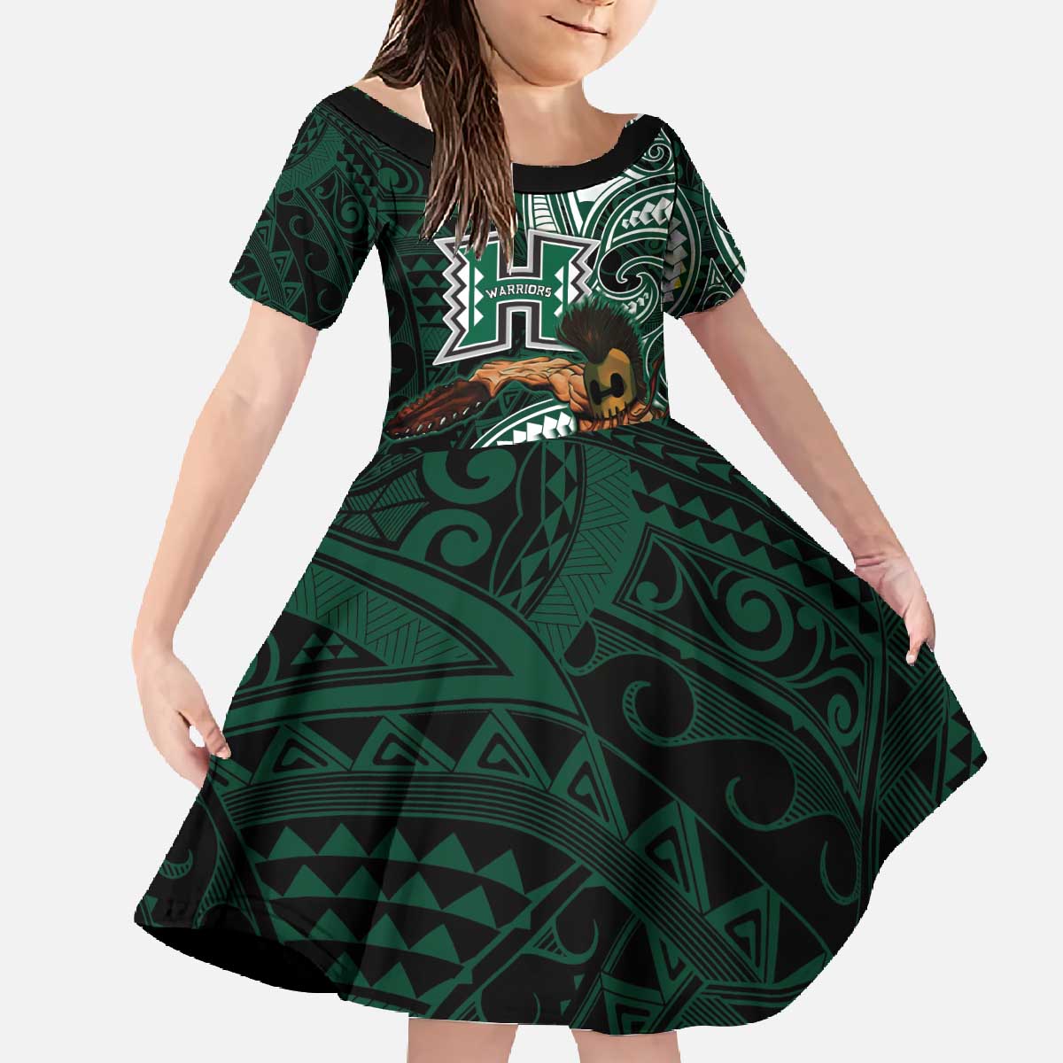 Hawaii Ikaika Warrior Football Family Matching Off The Shoulder Long Sleeve Dress and Hawaiian Shirt Polynesian Tribal Tattoo - Polynesian Pride