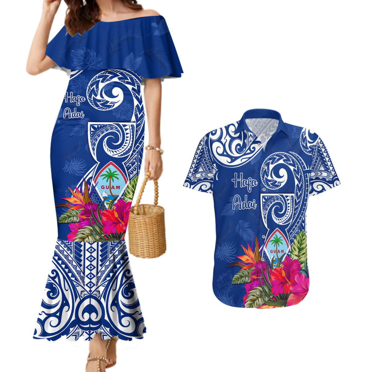 Personalised Hafa Adai Guam History and Chamorro Heritage Day Couples Matching Mermaid Dress and Hawaiian Shirt Blue Latte Stone LT05 Blue - Polynesian Pride