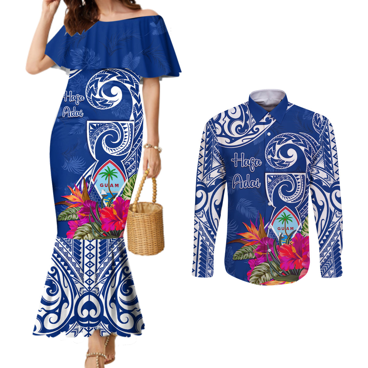 Personalised Hafa Adai Guam History and Chamorro Heritage Day Couples Matching Mermaid Dress and Long Sleeve Button Shirt Blue Latte Stone LT05 Blue - Polynesian Pride