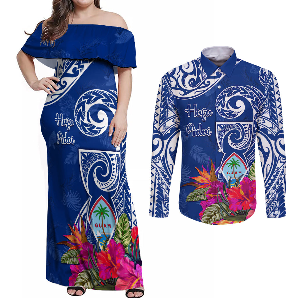 Personalised Hafa Adai Guam History and Chamorro Heritage Day Couples Matching Off Shoulder Maxi Dress and Long Sleeve Button Shirt Blue Latte Stone LT05 Blue - Polynesian Pride