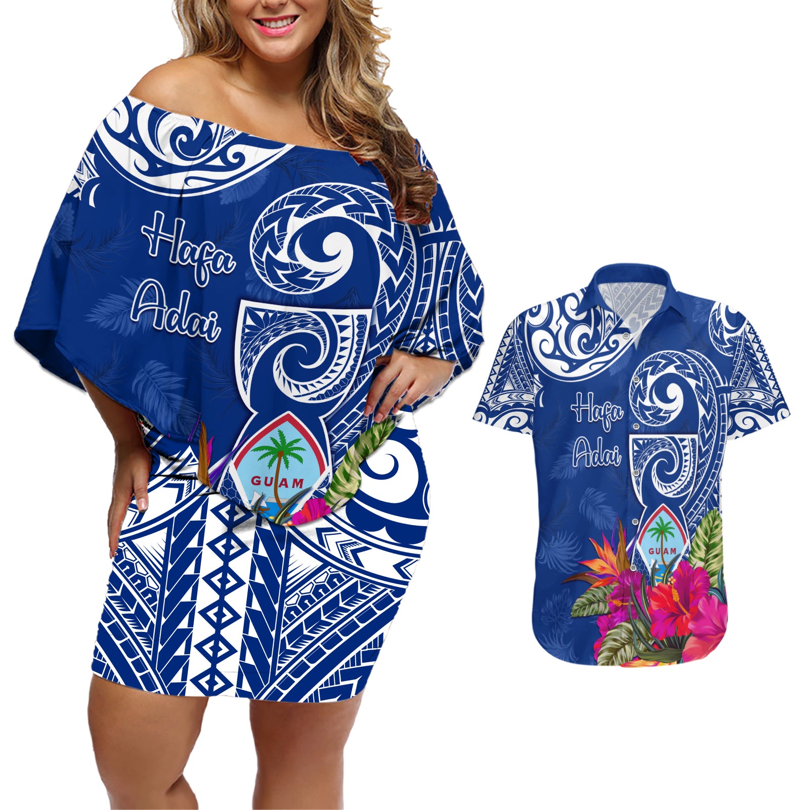 Personalised Hafa Adai Guam History and Chamorro Heritage Day Couples Matching Off Shoulder Short Dress and Hawaiian Shirt Blue Latte Stone LT05 Blue - Polynesian Pride