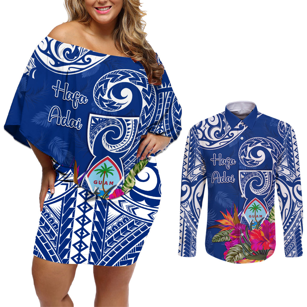 Personalised Hafa Adai Guam History and Chamorro Heritage Day Couples Matching Off Shoulder Short Dress and Long Sleeve Button Shirt Blue Latte Stone LT05 Blue - Polynesian Pride