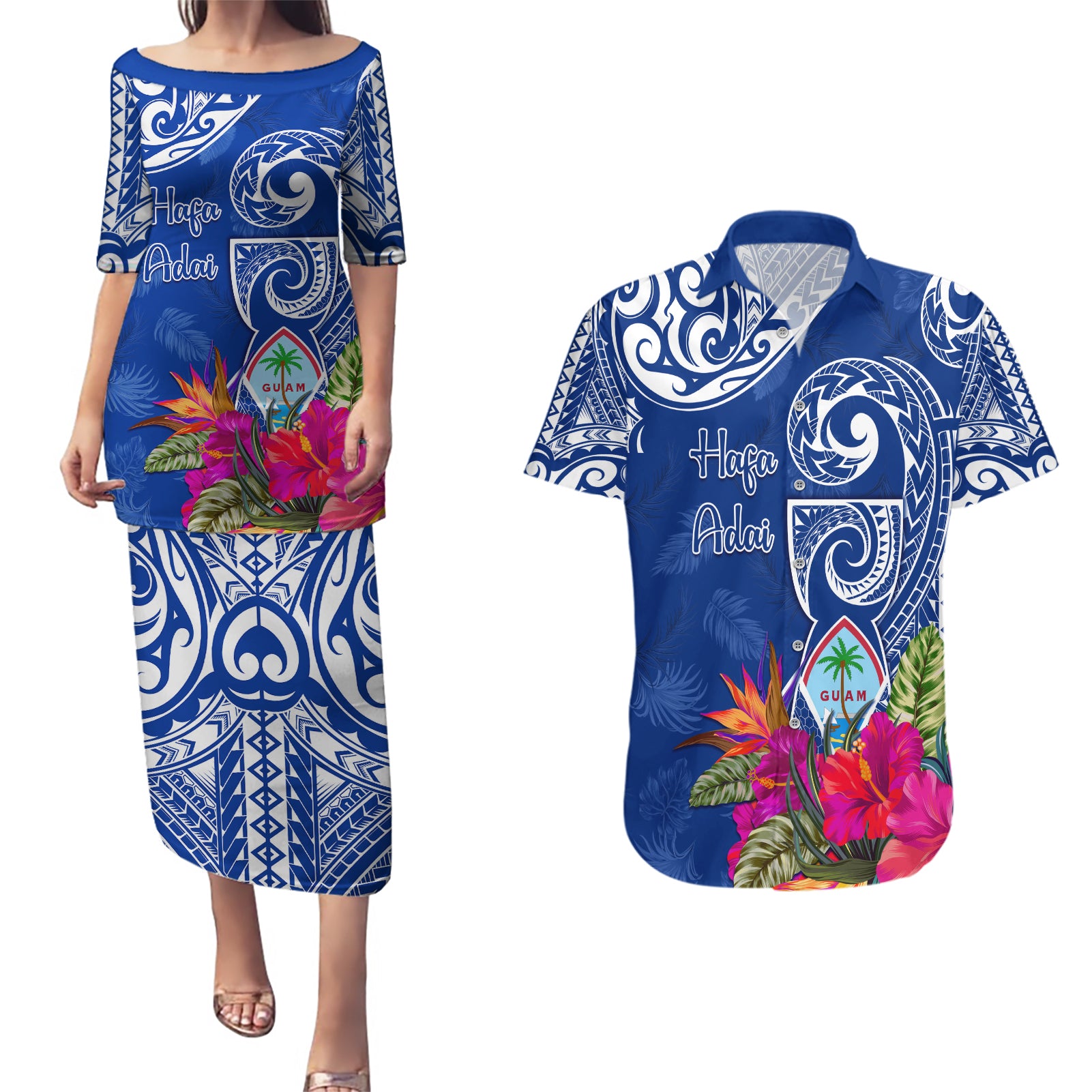 Personalised Hafa Adai Guam History and Chamorro Heritage Day Couples Matching Puletasi Dress and Hawaiian Shirt Blue Latte Stone LT05 Blue - Polynesian Pride