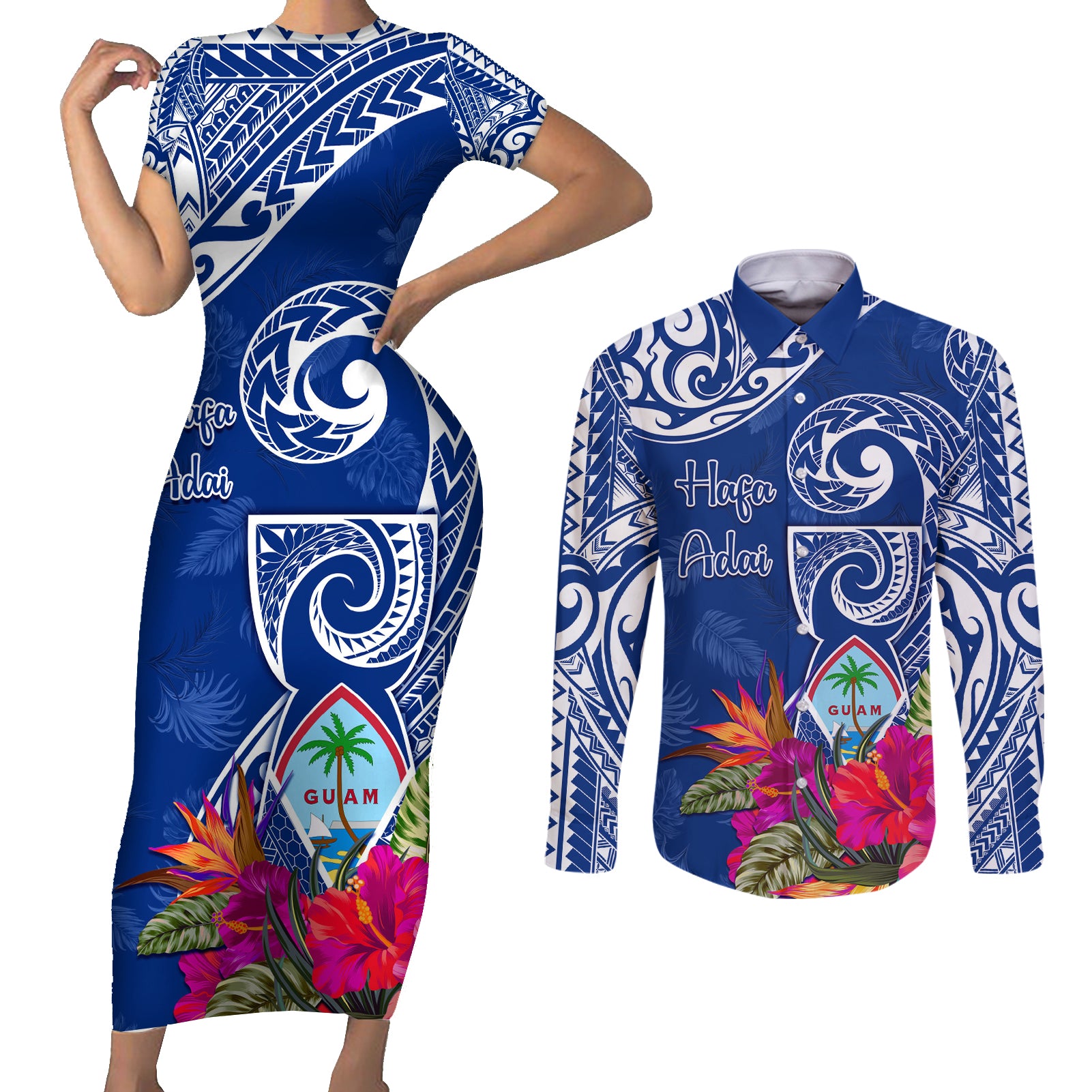 Personalised Hafa Adai Guam History and Chamorro Heritage Day Couples Matching Short Sleeve Bodycon Dress and Long Sleeve Button Shirt Blue Latte Stone LT05 Blue - Polynesian Pride
