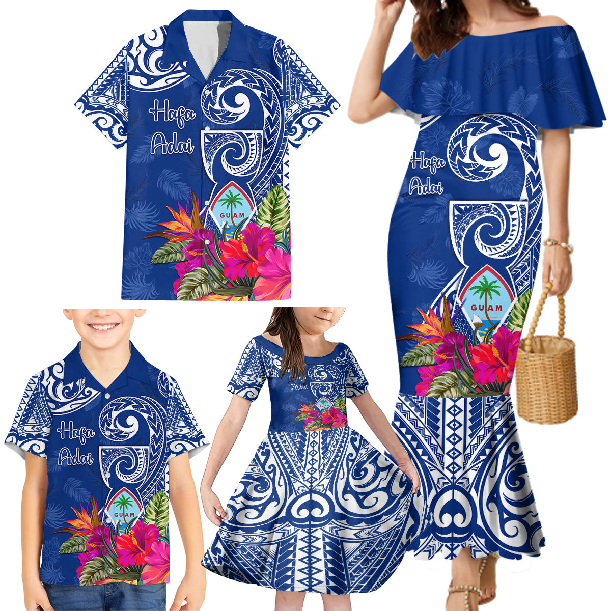 Personalised Hafa Adai Guam History and Chamorro Heritage Day Family Matching Mermaid Dress and Hawaiian Shirt Blue Latte Stone LT05 - Polynesian Pride