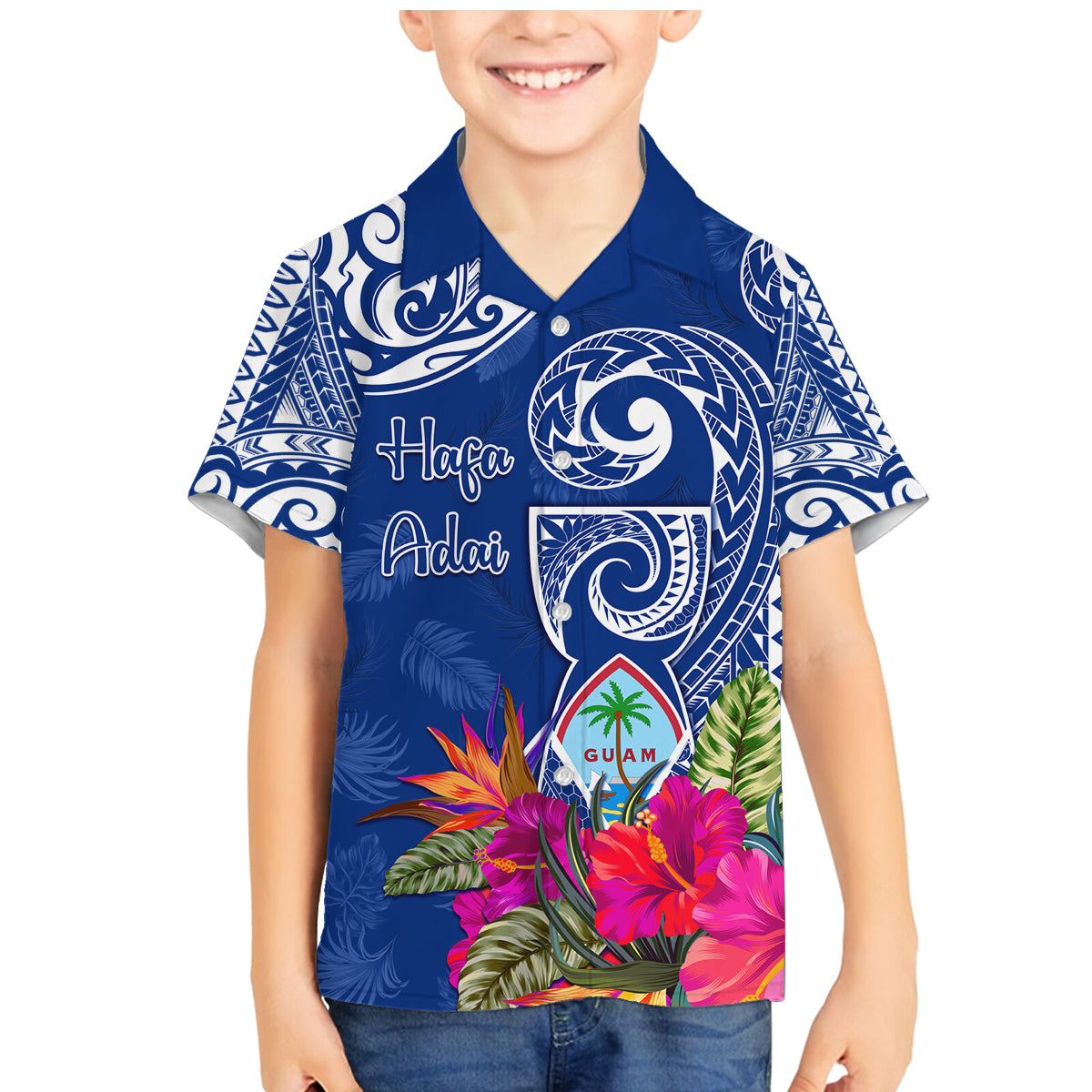Personalised Hafa Adai Guam History and Chamorro Heritage Day Family Matching Mermaid Dress and Hawaiian Shirt Blue Latte Stone LT05 Son's Shirt Blue - Polynesian Pride