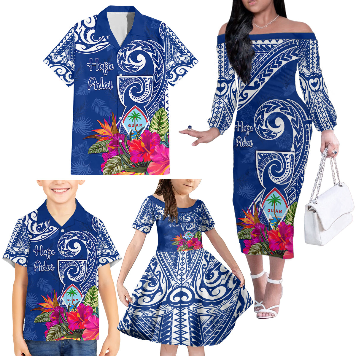 Personalised Hafa Adai Guam History and Chamorro Heritage Day Family Matching Off Shoulder Long Sleeve Dress and Hawaiian Shirt Blue Latte Stone LT05 - Polynesian Pride