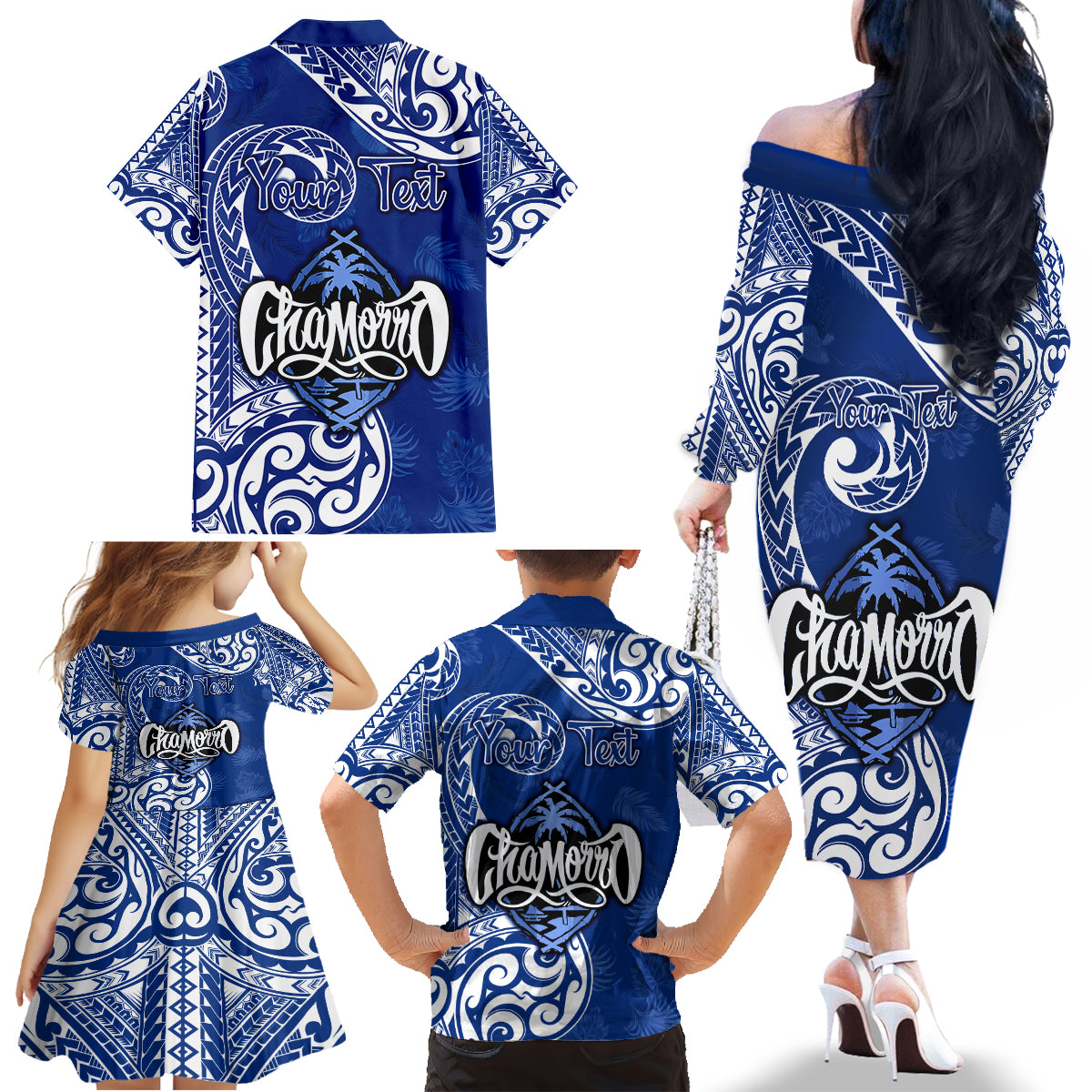 Personalised Hafa Adai Guam History and Chamorro Heritage Day Family Matching Off Shoulder Long Sleeve Dress and Hawaiian Shirt Blue Latte Stone LT05 - Polynesian Pride