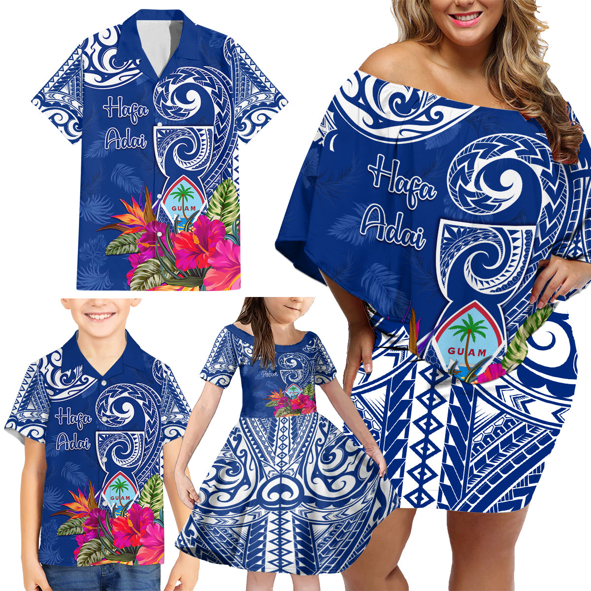 Personalised Hafa Adai Guam History and Chamorro Heritage Day Family Matching Off Shoulder Short Dress and Hawaiian Shirt Blue Latte Stone LT05 - Polynesian Pride