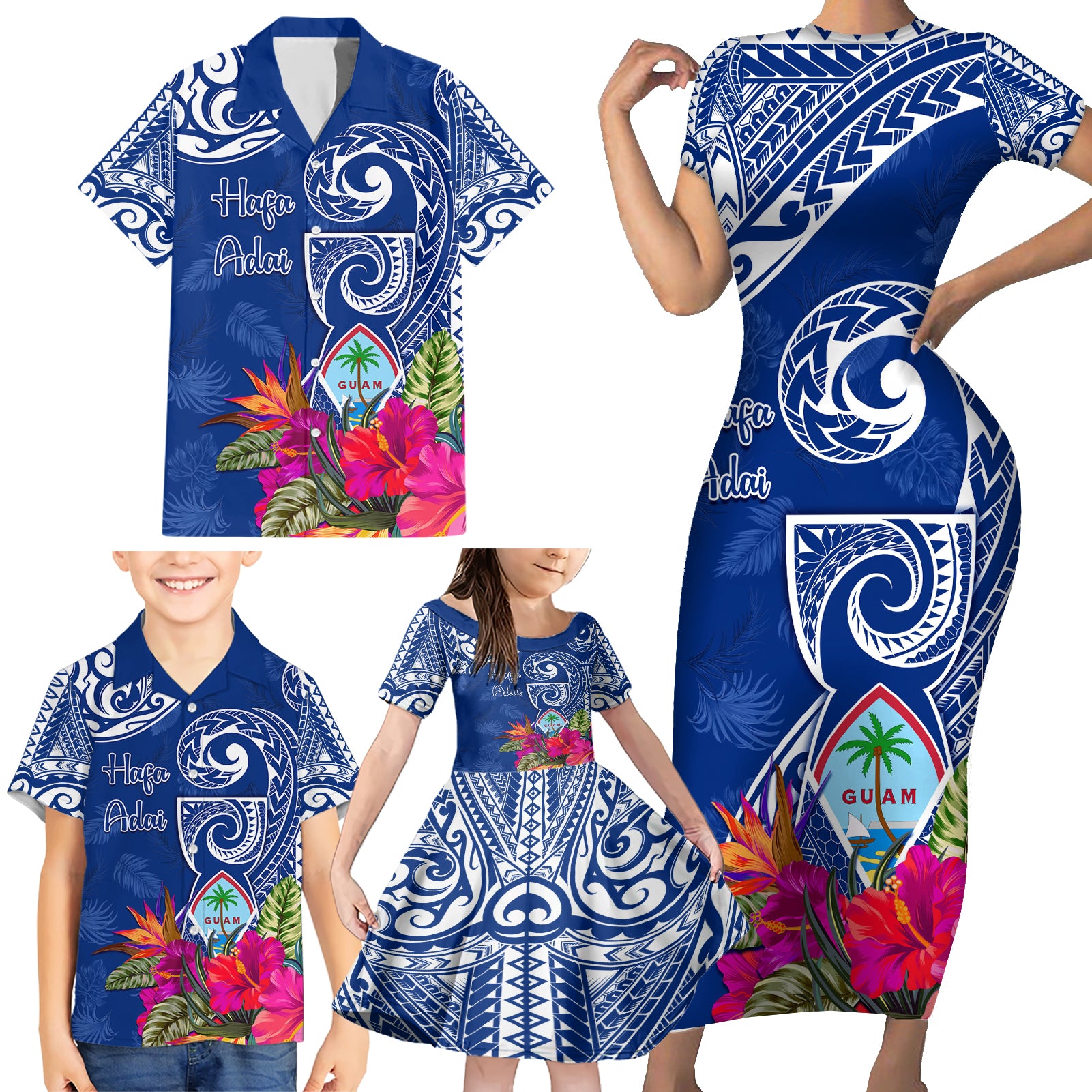 Personalised Hafa Adai Guam History and Chamorro Heritage Day Family Matching Short Sleeve Bodycon Dress and Hawaiian Shirt Blue Latte Stone LT05 - Polynesian Pride