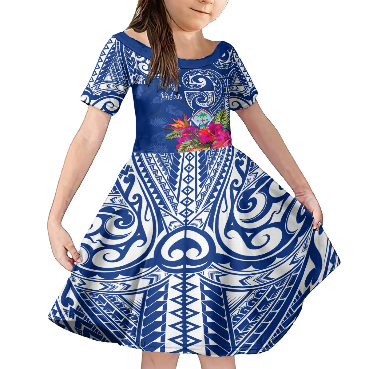 Personalised Hafa Adai Guam History and Chamorro Heritage Day Kid Short Sleeve Dress Blue Latte Stone LT05 KID Blue - Polynesian Pride