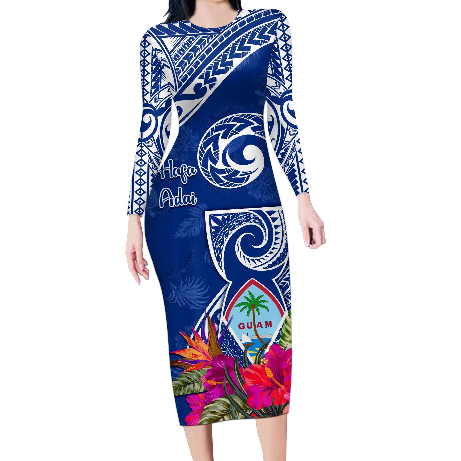 Personalised Hafa Adai Guam History and Chamorro Heritage Day Long Sleeve Bodycon Dress Blue Latte Stone LT05 Long Dress Blue - Polynesian Pride