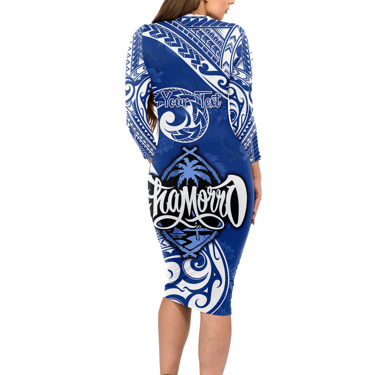 Personalised Hafa Adai Guam History and Chamorro Heritage Day Long Sleeve Bodycon Dress Blue Latte Stone LT05 - Polynesian Pride
