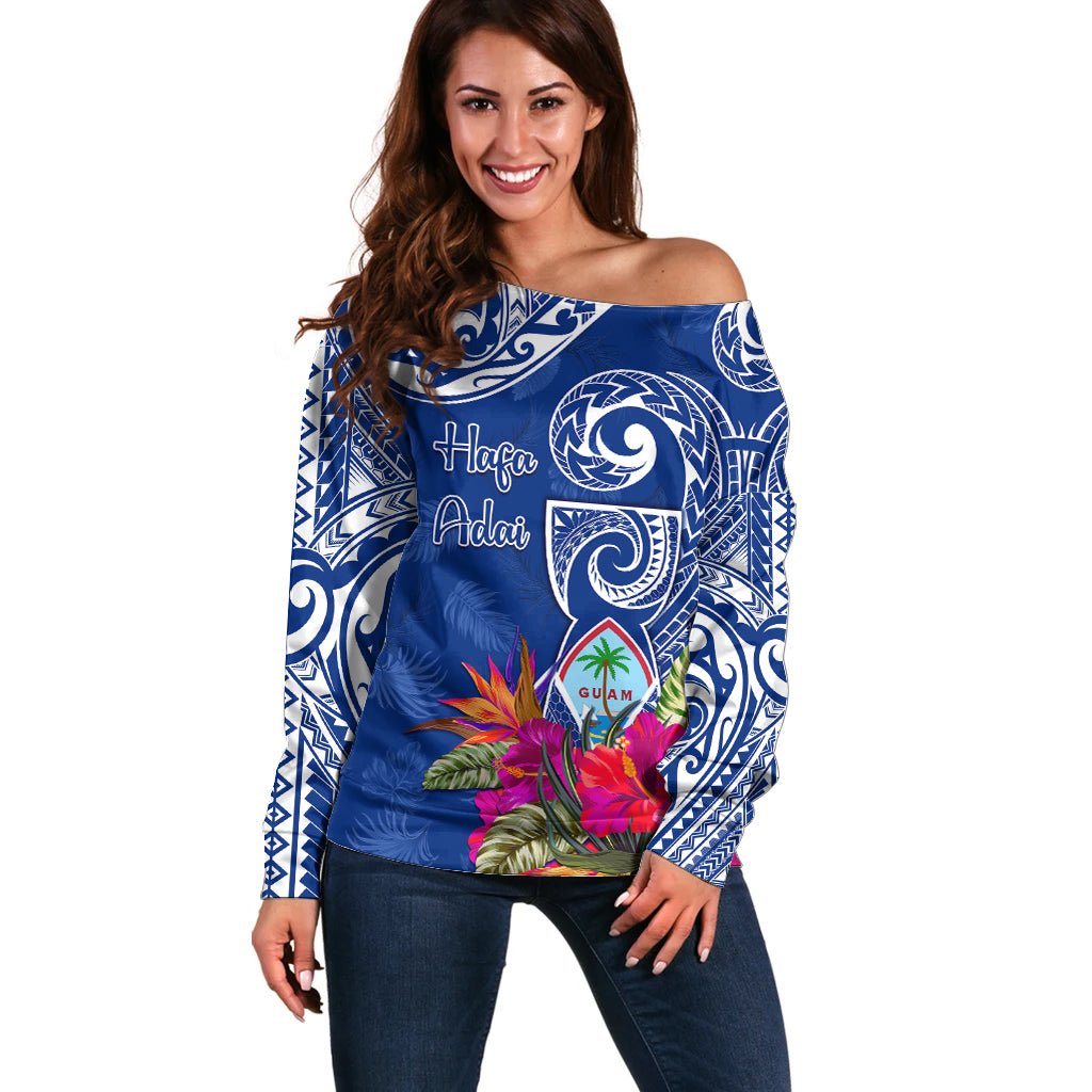 Personalised Hafa Adai Guam History and Chamorro Heritage Day Off Shoulder Sweater Blue Latte Stone LT05 Women Blue - Polynesian Pride